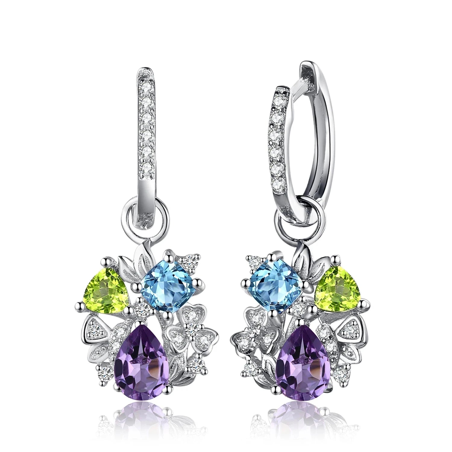 Natural Amethyst Blue Topaz Peridot Chrome Diopside Flower Dangle Drop Earrings925 Sterling Silver