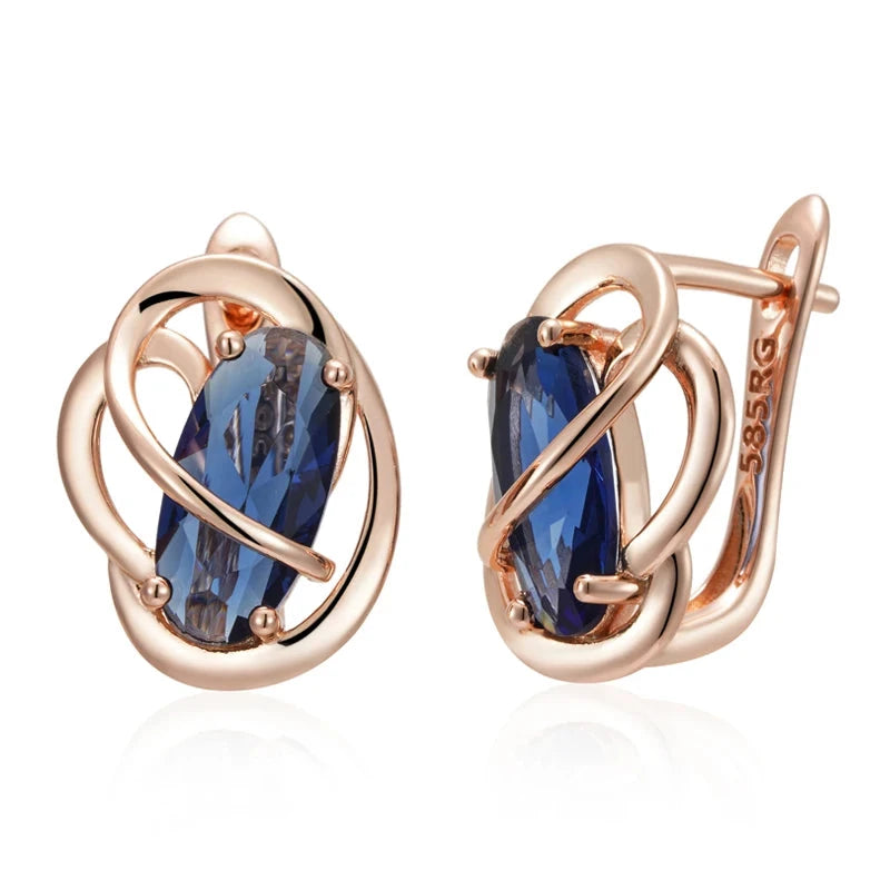 Luxury 585 Rose Gold Shiny Oval Blue Natural Zircon Dangle Earrings for WomenH1783