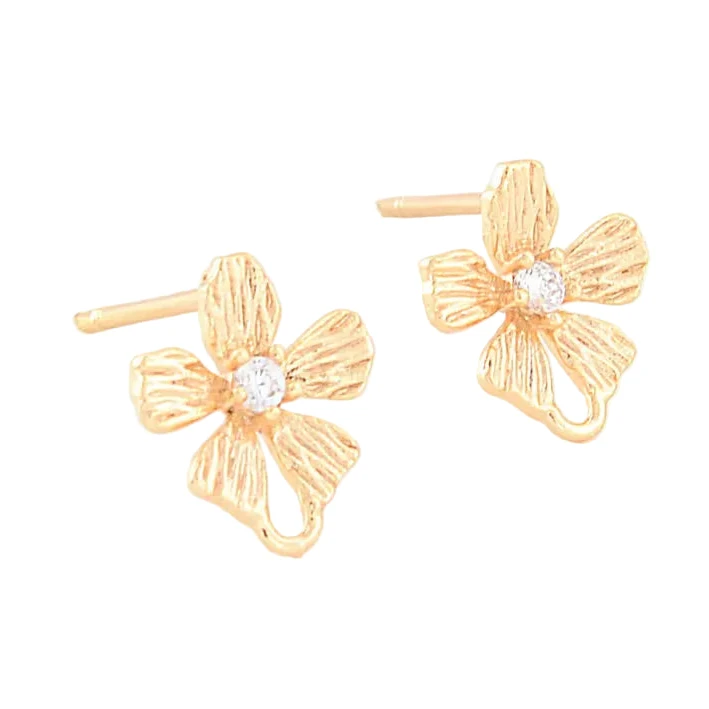Gold Flower Stud Earring Parts – 6PCS, Zircon & Brass