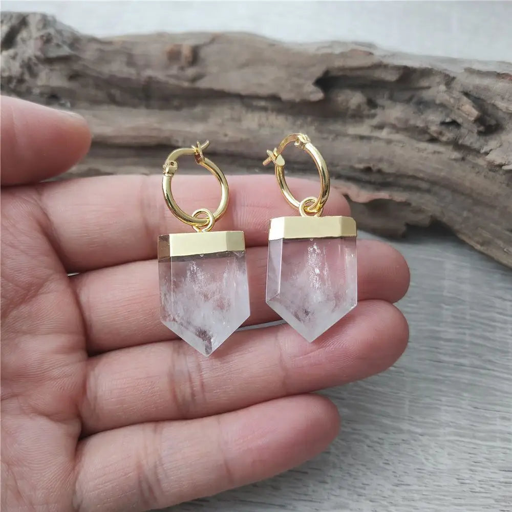 1Pair Gold Plated Carved Shield Shape Clear Quartz Earringsearrings