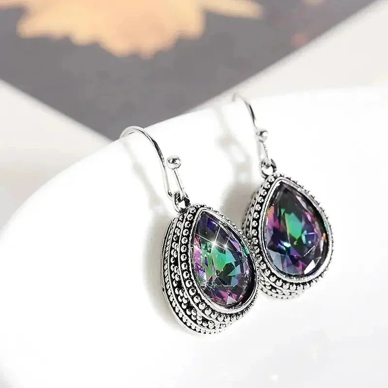 Waterdrop Multi-Color CZ Dangle Earrings Vintage StyleE3304Silver