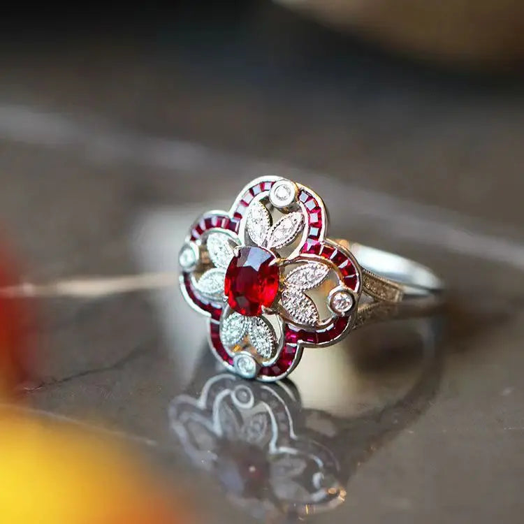 Vintage Hollow Out Flower 925 Silver Ruby RingresizableRed