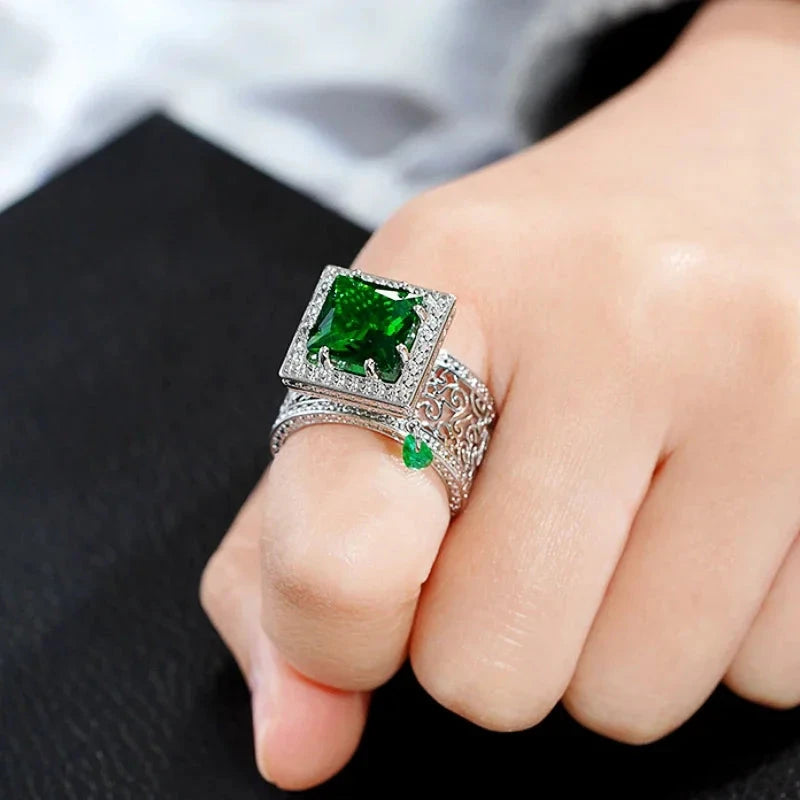Square Green CZ Hollow Pattern Ring for Women