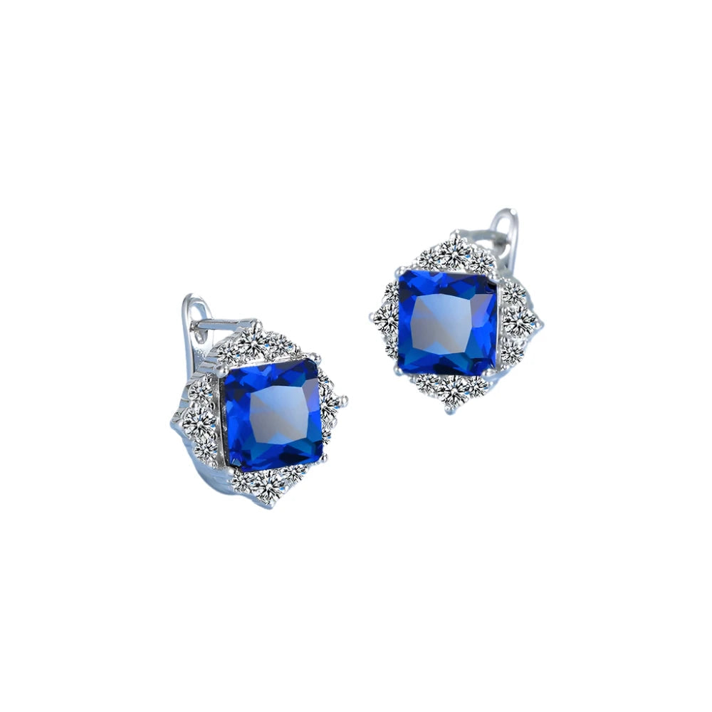 Square Created Blue Sapphire 925 Sterling Silver Hoop EarringsBlue