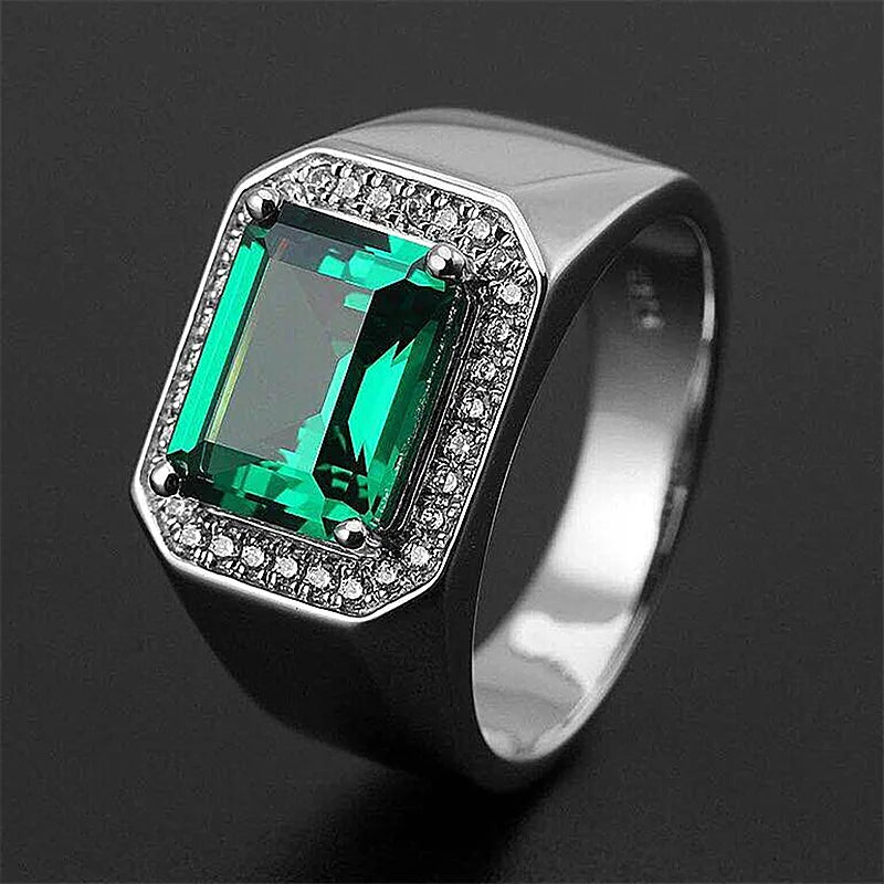 Male 5ct Emerald Sapphire Ring 925 sterling silverresizableGreen