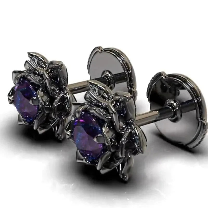 Vintage Purple Stone Flower Stud Earrings – Black Geometric Design