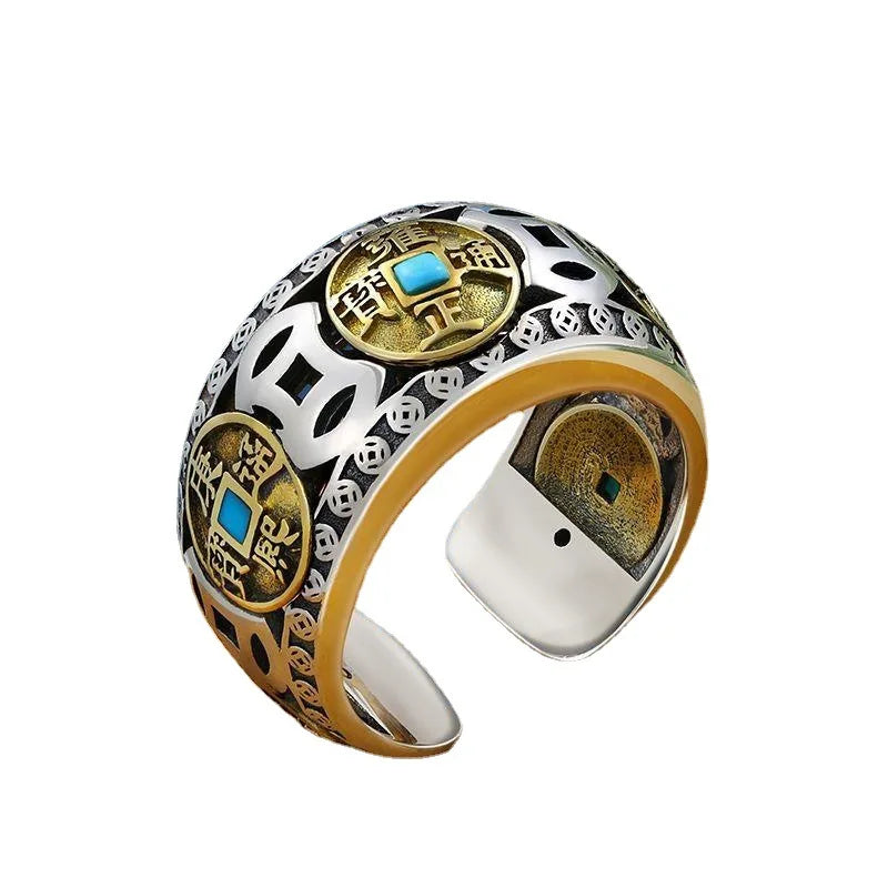 925 Silver Inlaid Copper Coin Turquoise Rotating Mens Rings Vintage Ethnic Style Classic Masculinity Banquet Jewelry Opening