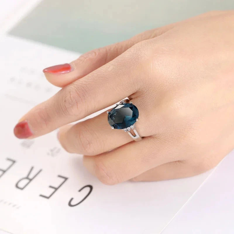 Fashion for Women Crystal Blue Stone Ring 925 Sterling Silver Love Round Zircon