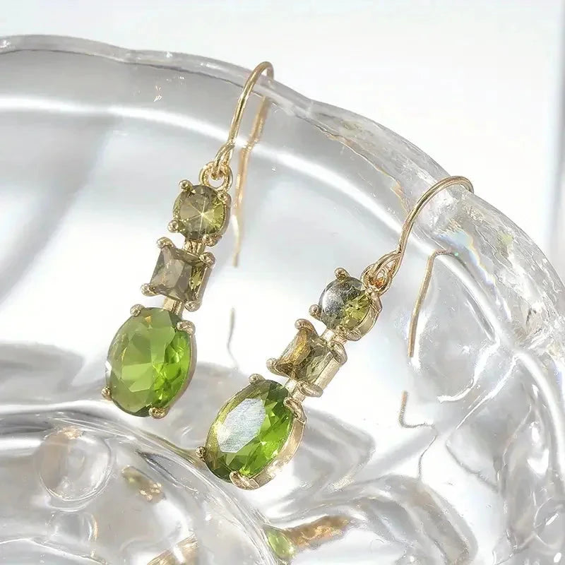 Delicate Gold Color Inlaid with Green Zircon Dangle Earrings for Women