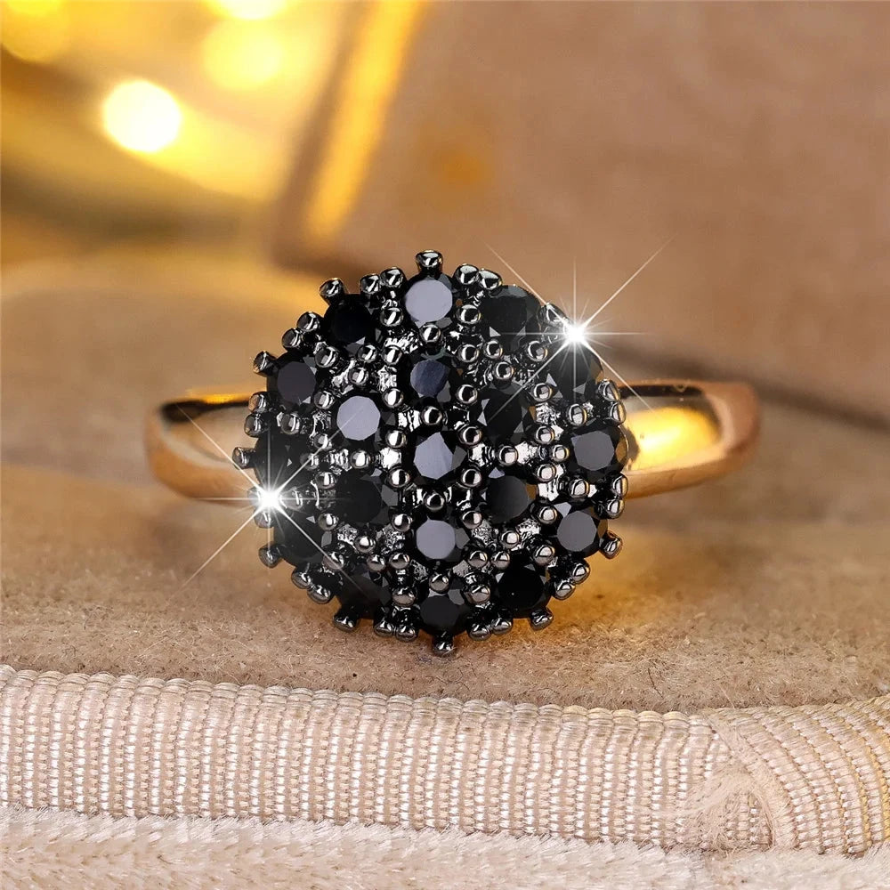 Women's Gold Tone White & Black Zircon Engagement RingBlack Color6