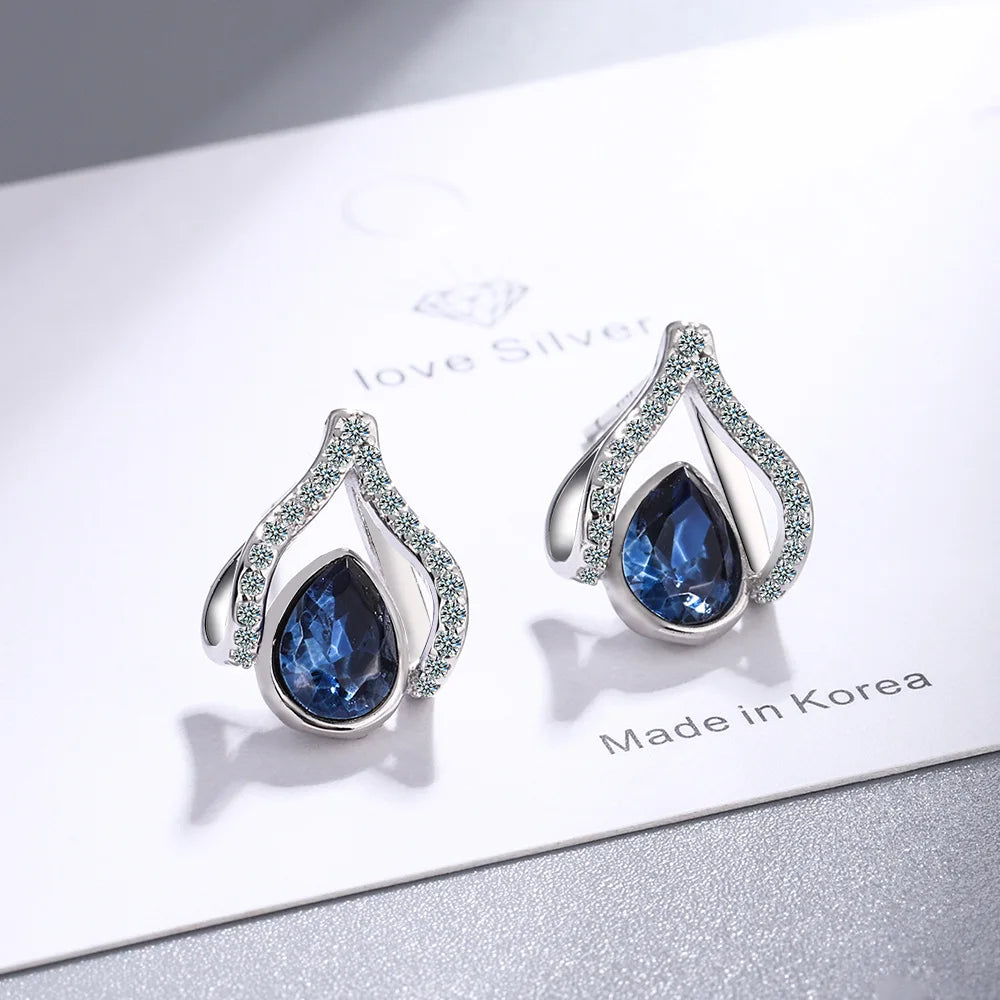 925 Silver Needle Japanese Water Drop Sapphire Flower Earrings