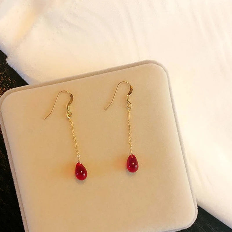 Drop-shaped Ruby Long Pendant EarringsRed