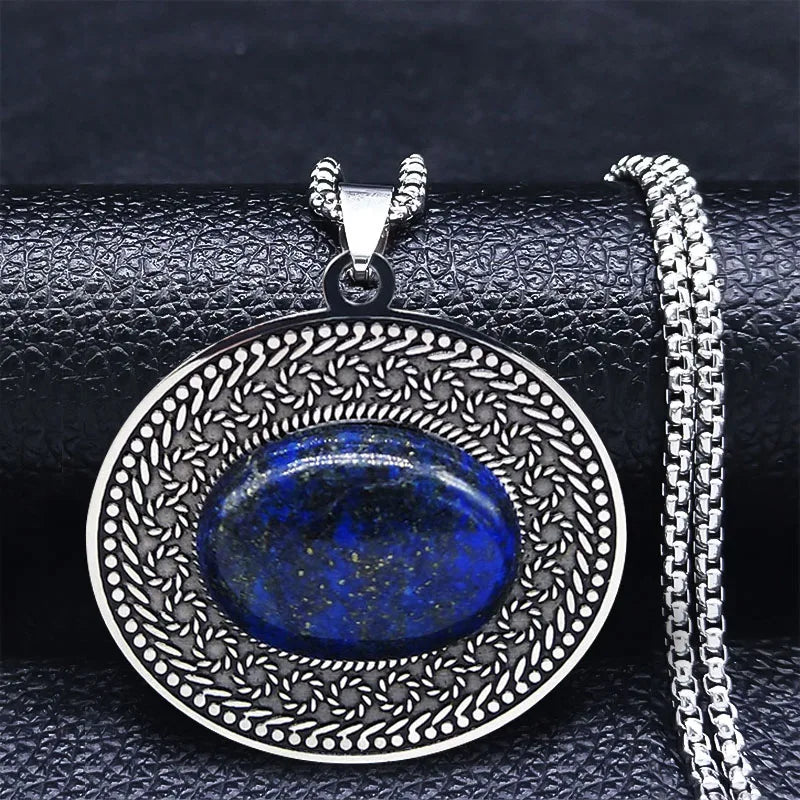 Bohemian oval stone pendant, Lapis Blue stone