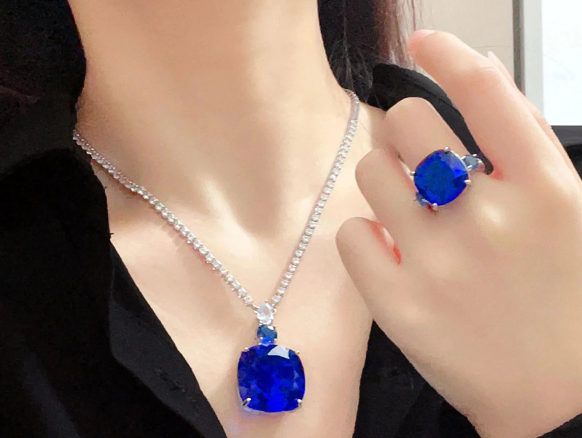 Geometry S925 Silver Ring Earrings Pendant Necklace for Women Square Sapphire