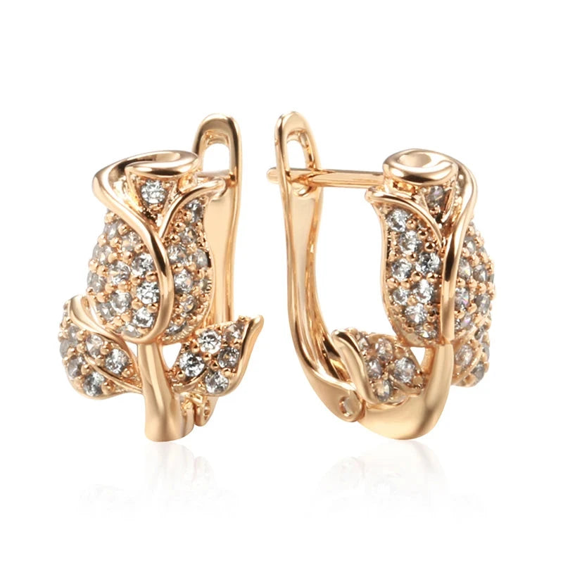 Natural Zircon 585 Rose Gold Crystal Flower Earrings for Women
