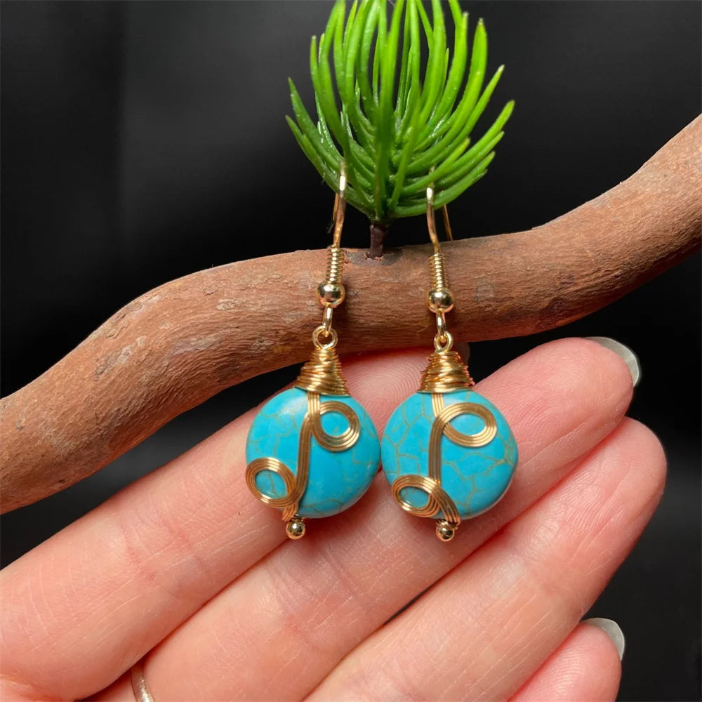 Retro Blue Turquoise Beads Twist Metal Design Drop Dangle Earring for Woman Trendy Gem Hook Earrings Unique Girl's Gift Jewelry