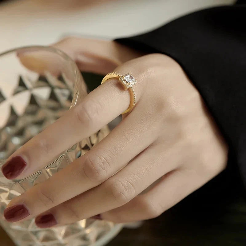 Gold Open Ring for Women – Square Zircon, Goth & Elegant