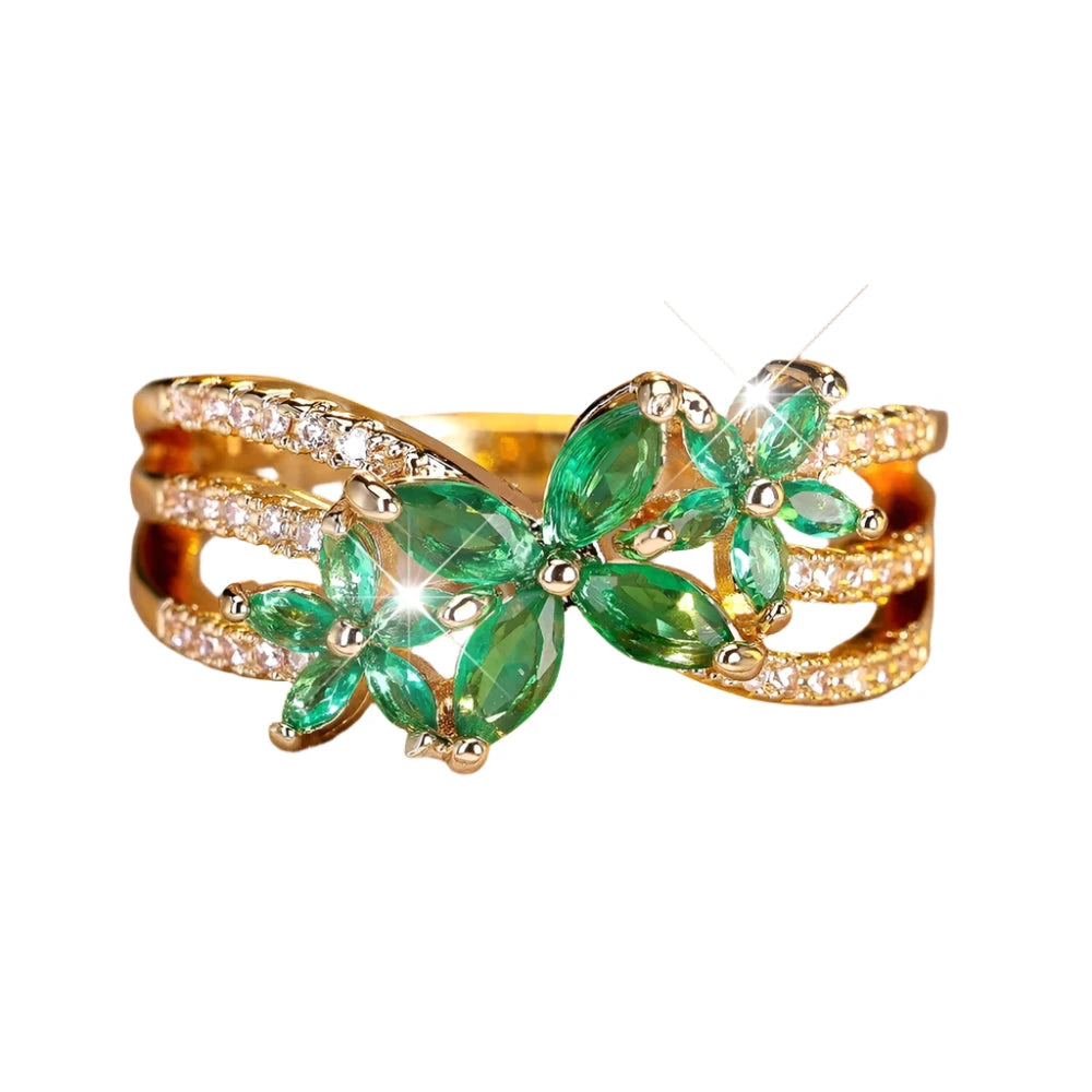 Flower Green Zircon Stone Gold Rings for Women