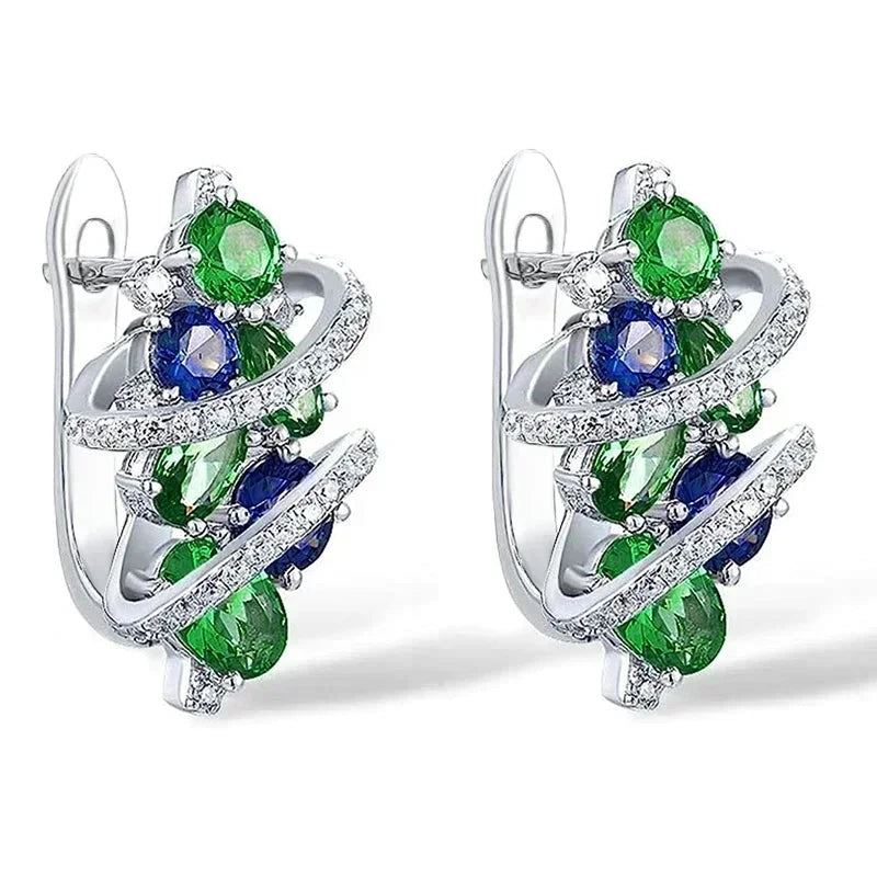 Luxury Silver Green & Blue Zircon Hoop Earrings for WomenE3280