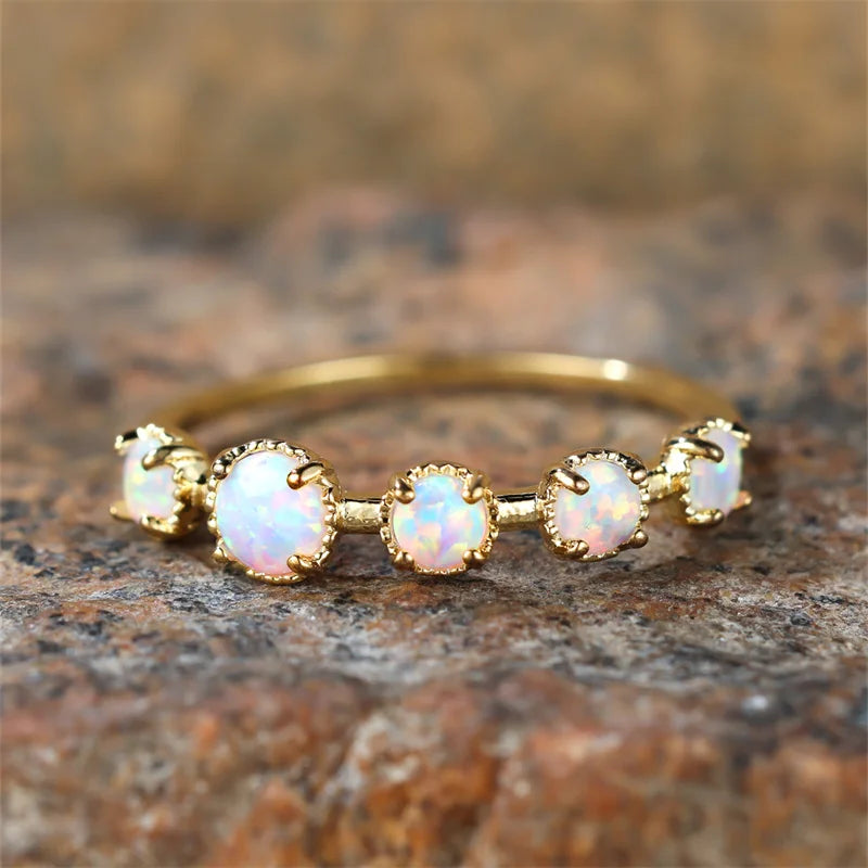 Female Charm White Fire Opal Stone Rings Yellow Gold Color Wedding Jewelry For Women Small Round Engagement Ring