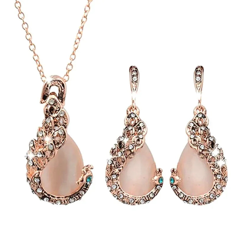 Bridal Opal Set Gold Plated Opal Jewelry Sets for Woman Water Drop Necklace Pendant Earrings