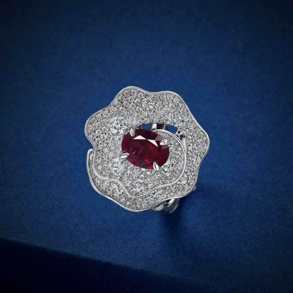 Flower Oval 2 CT Ruby 925 Sterling Silver RingRing