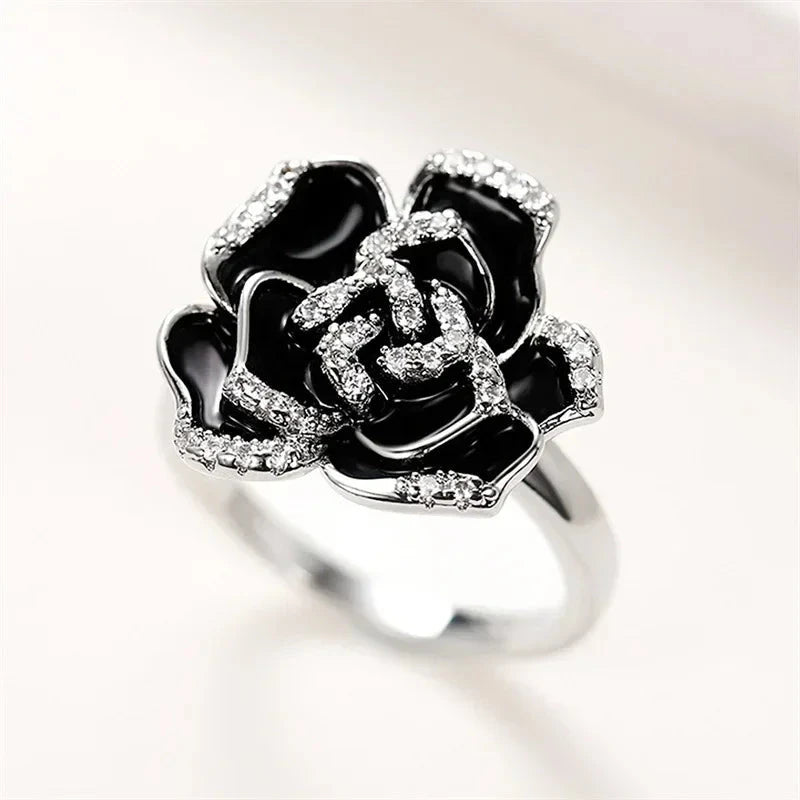 Zirconia Black Flower Ring for Women