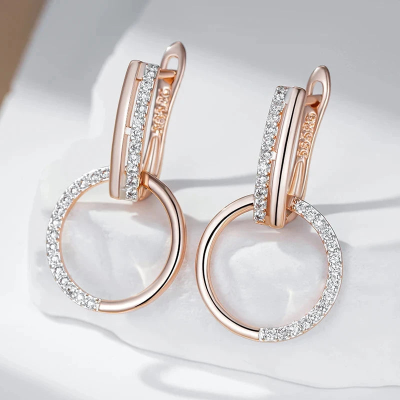Round Drop Earrings – Rose Gold & Silver with Zircon