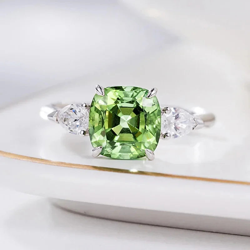 Elegant Green Zircon Square Ring in White Gold Tone