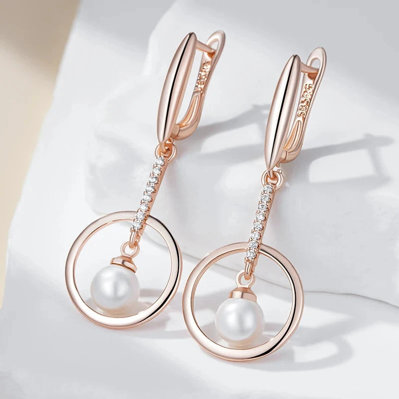 Geometry Rose Gold Pearl & Zircon Dangle Earrings for Women