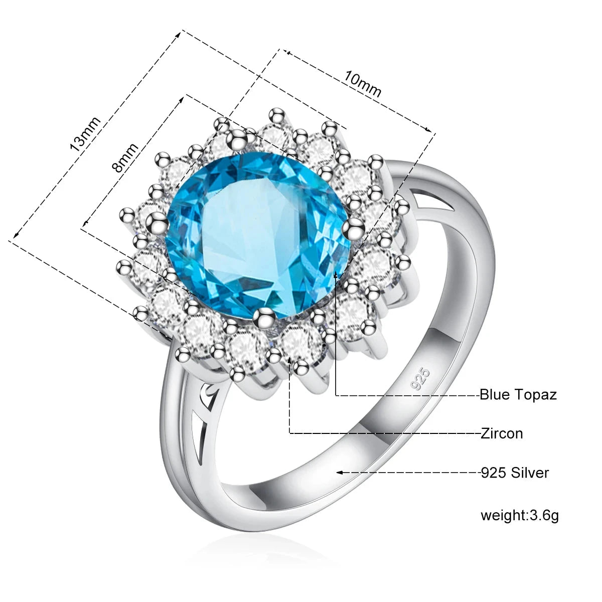 Aquamarine Birthstone Genuine S925 Silver Ring LuxuryBlue Topaz-BRS11