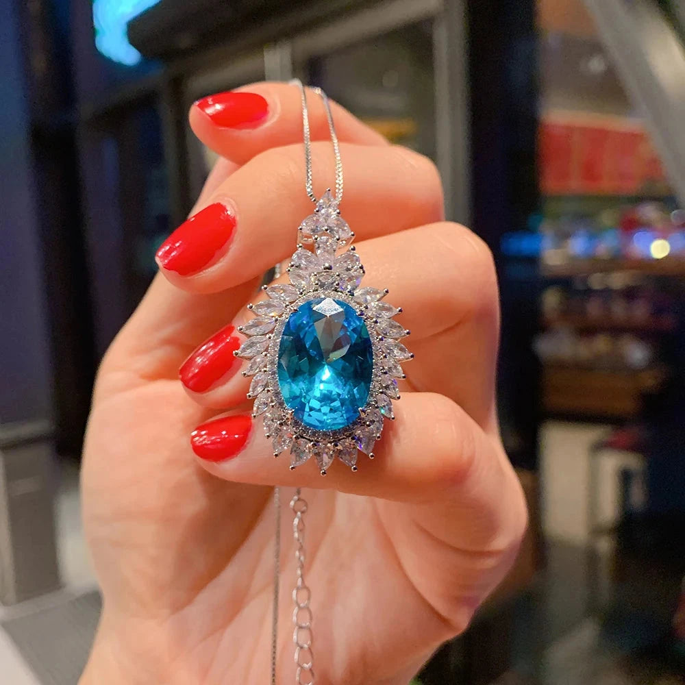 Vintage 13*18MM Sapphire Aquamarine Lab Diamond Pendant Necklace for Women Gemstone Party Fine Jewelry Statement Gift Wholesale