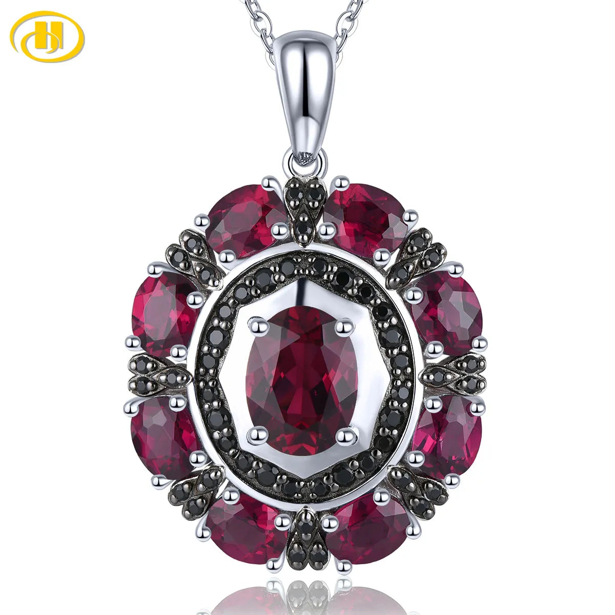 Natural Rhodolite Garnet Black Spinel Solid Silver Pendant 6.2 Carats Genuine Gemstone Rose Garnet Romantic Classic Style