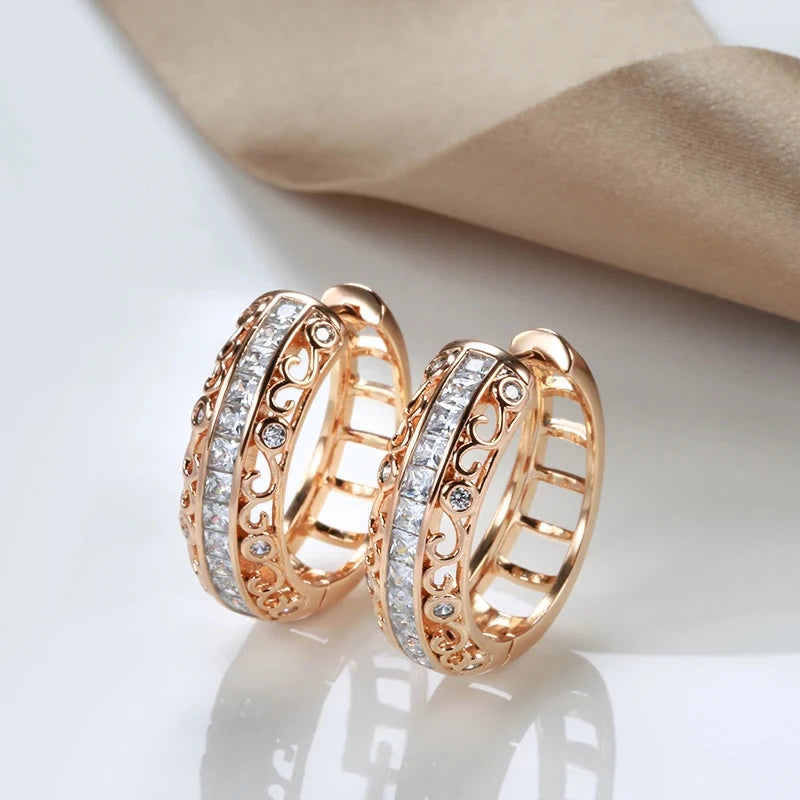 SYOUJYO Retro Round Hollow Shiny Natural Zircon Earrings For Women 585 Rose Gold Color Unique Light Luxury Party Jewelry