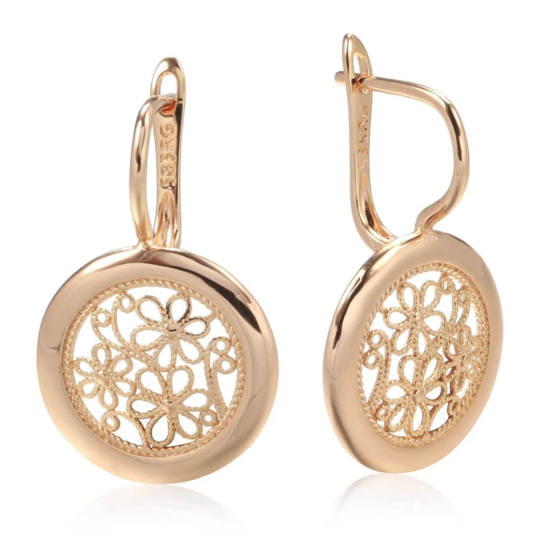 Luxury 585 Rose Gold Glossy Metal Flower Dangle Earrings for Women