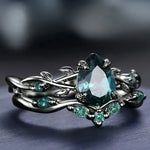 Luxury Black Color Inlaid with Green Stone Rings Set Round Flower Fashion Party Engagement Wedding Rings for Women Jewelry