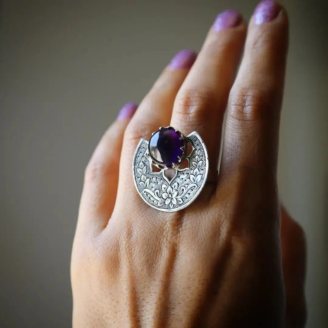 Vintage Purple Gemstone Rings for Women Bohemian Ethnic Engraving