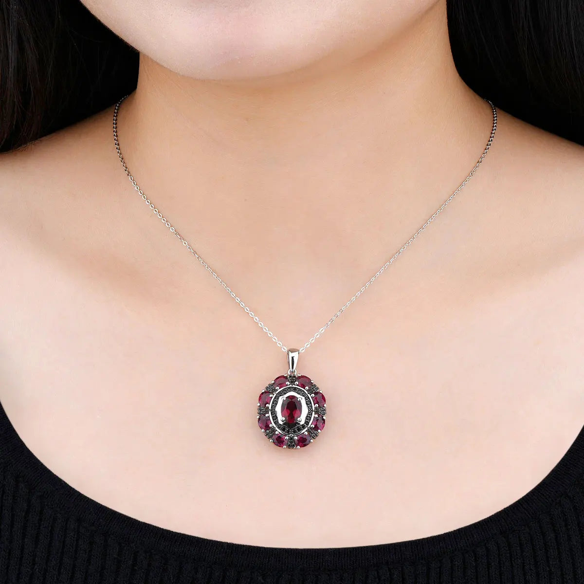 Natural Rhodolite Garnet Black Spinel Solid Silver Pendant 6.2 Carats Genuine Gemstone Rose Garnet Romantic Classic Style