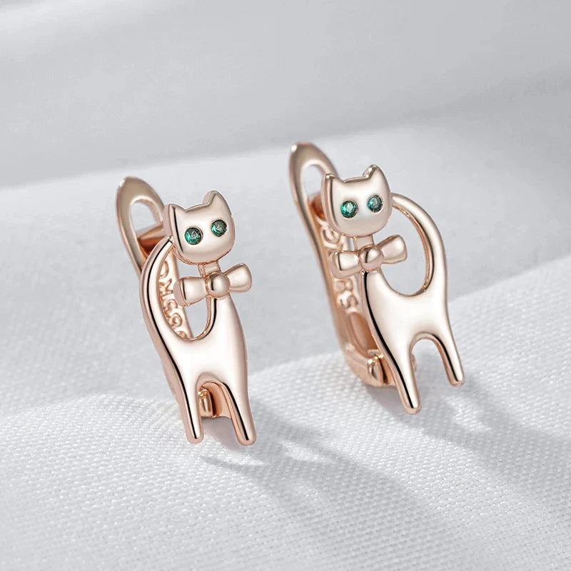 585 Rose Gold Cat Earrings For WomenGold-color