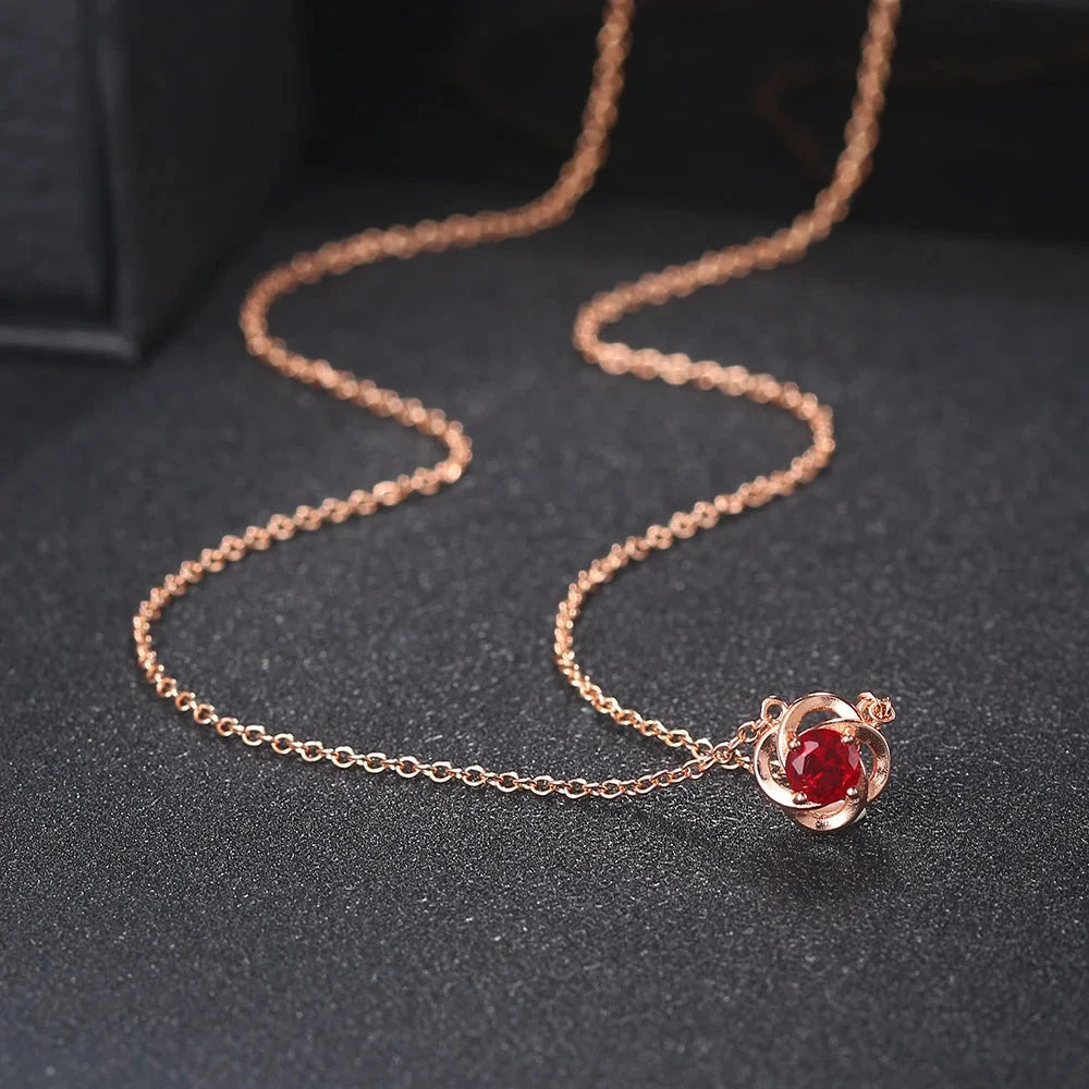 New Red Crystal Flower Necklaces for Women Red Zirconia Rose Gold
