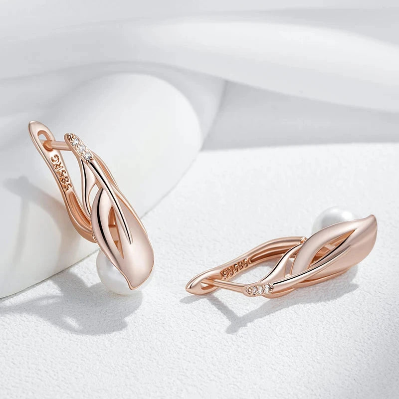 Pearl Leaf Drop Earrings – Rose Gold & Zircon