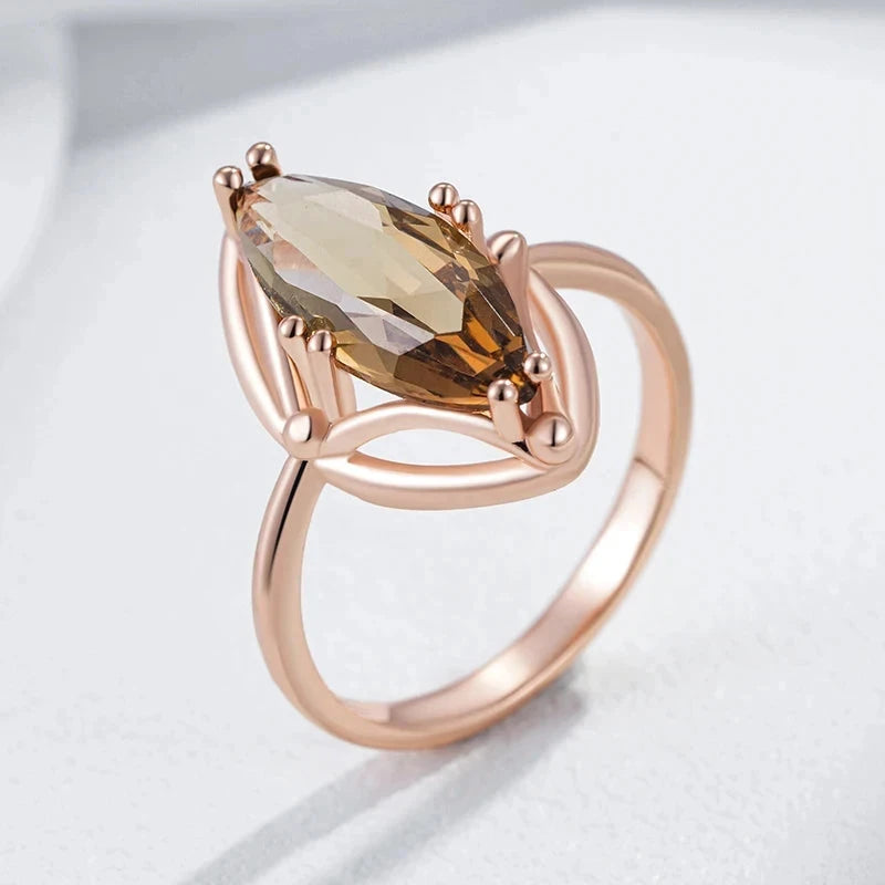 Wbmqda Geometric Brown Stone Ring For Women 585 Rose Gold Color 2025 Trendy Zircon Jewelry Accessories