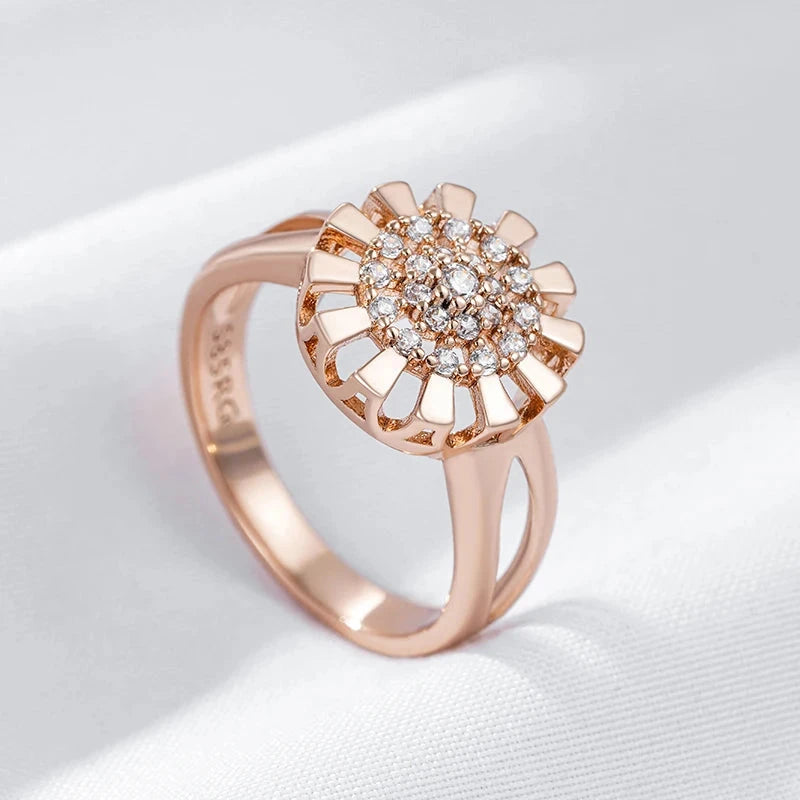 585 Rose Gold Color Crystal Flower Bride Ring For Women