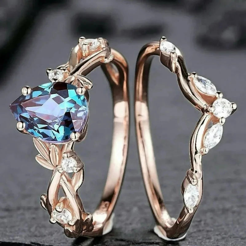 Rose Gold Blue & White Stone Waterdrop Ring Set for Women