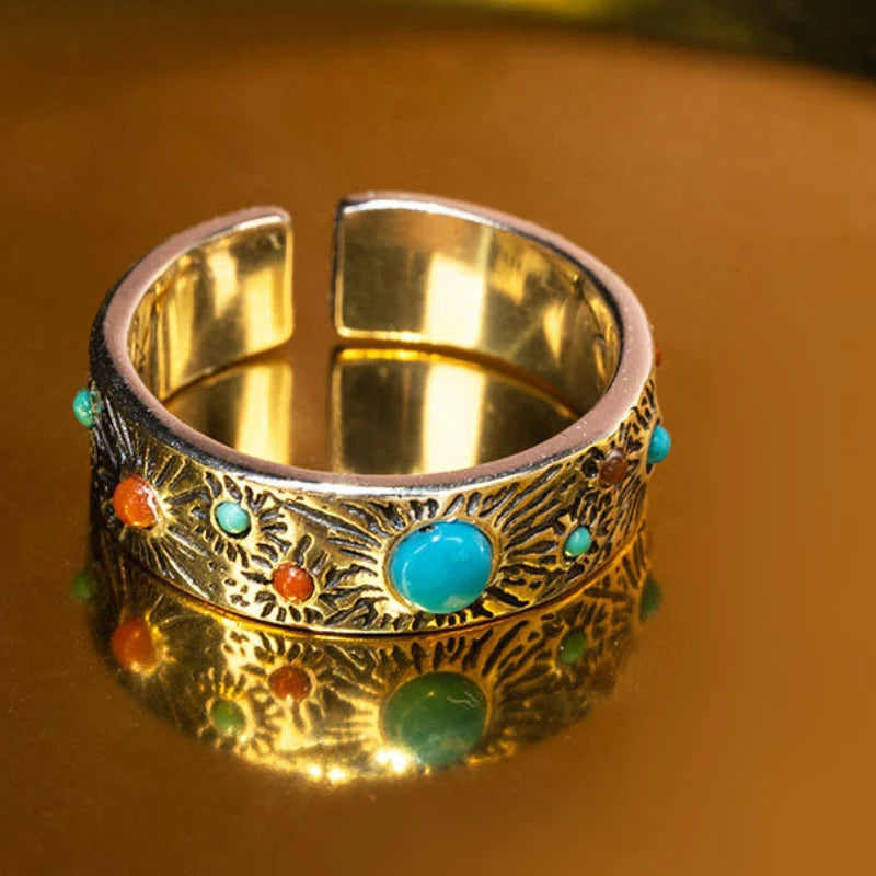 Colored Stone Ring Inlay Turquoise and South Red Tourmaline Rings