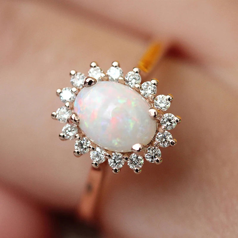 Opal Zircon Rings For Women Classic Egg-Shaped Rose Gold Color