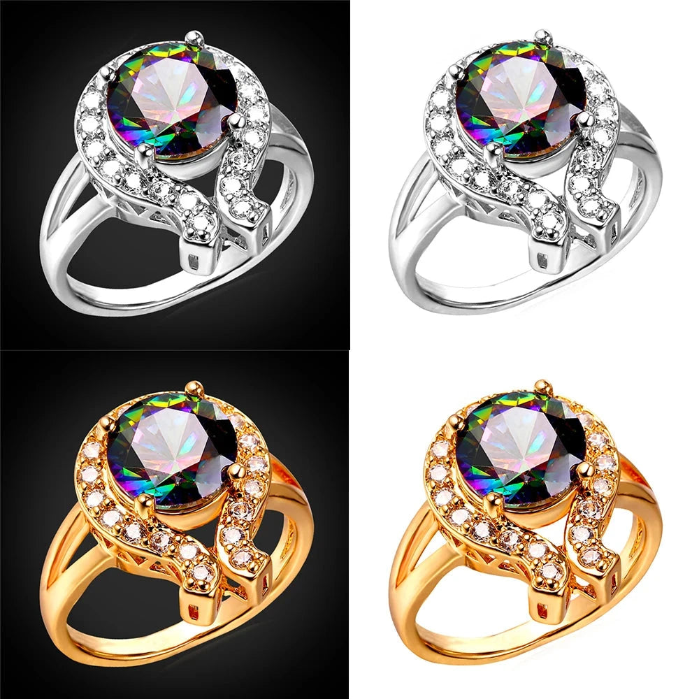 U7 White CZ Round Rainbow Topaz Gemstone Rings