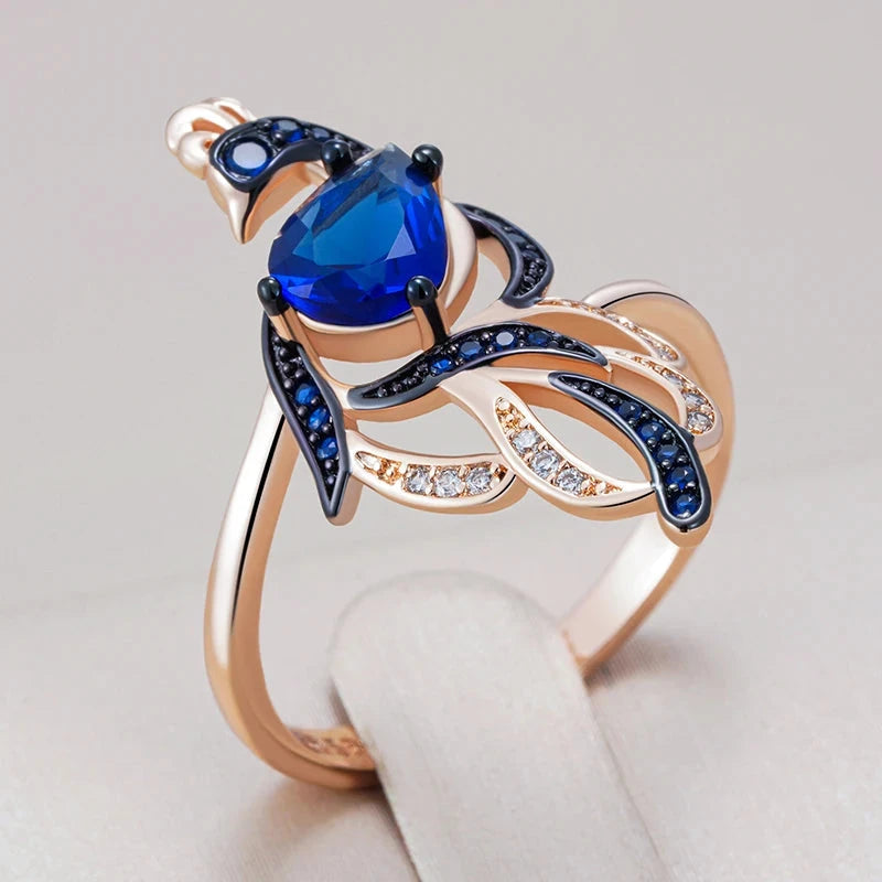 Blue Natural Zircon Bird Ring For Women Unique 585 Rose Gold and Black Gold