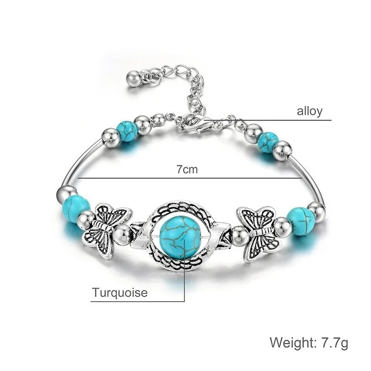 Butterfly Bracelet Carved Pattern Beaded Turquoise Hand Chain