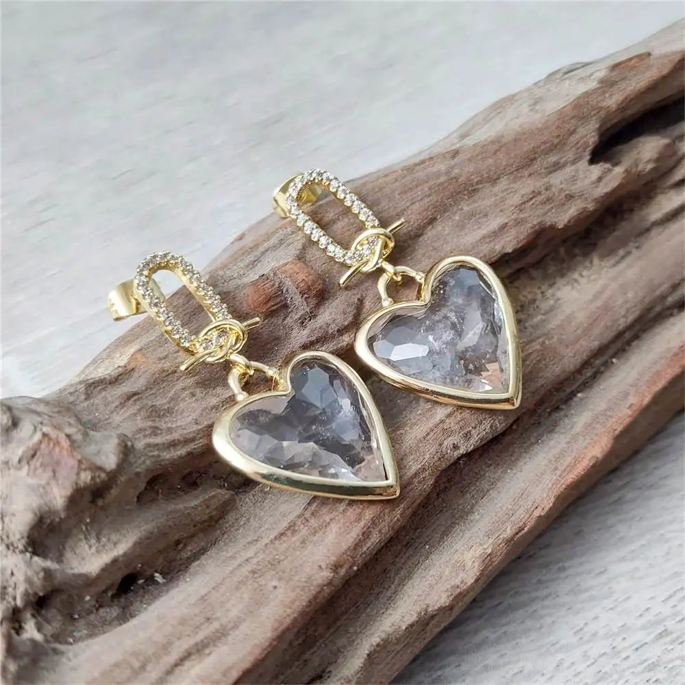 5 Pair Gold Plated Heart-Shaped Crystal Cubic Zircon Clear Quartz Earringsearrings